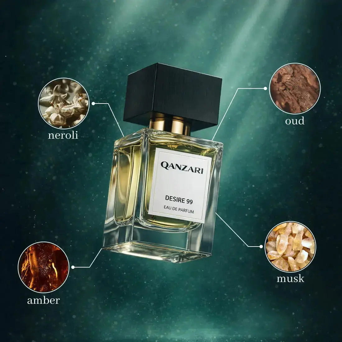 Qanzari Desire 99 perfume bottle with notes of neroli, oud, and musk on a dark green background