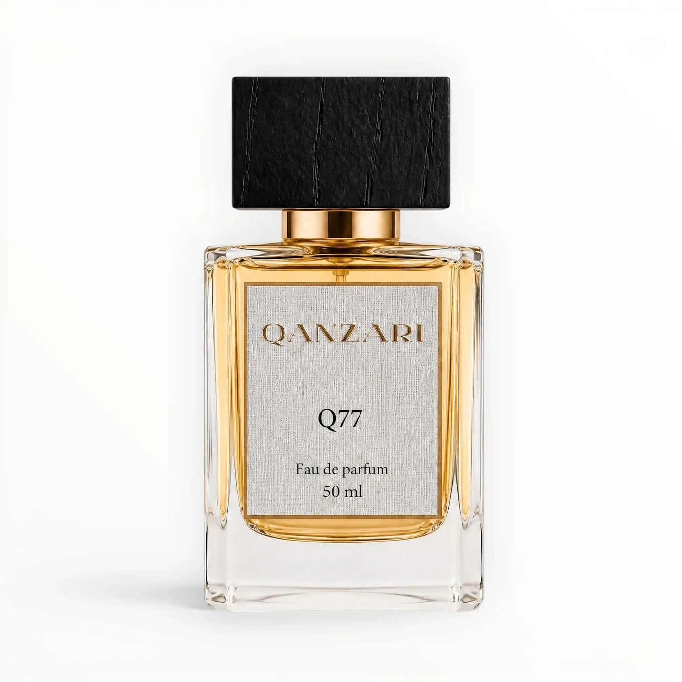 Qanzari Q77 50ml eau de parfum bottle, a fruity leather composition from the men's line