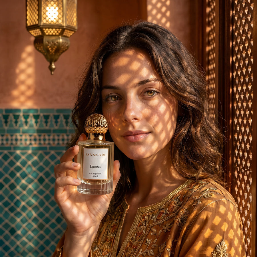A woman holding the Qanzari Lamees 50ml bottle in warm mashrabiya light